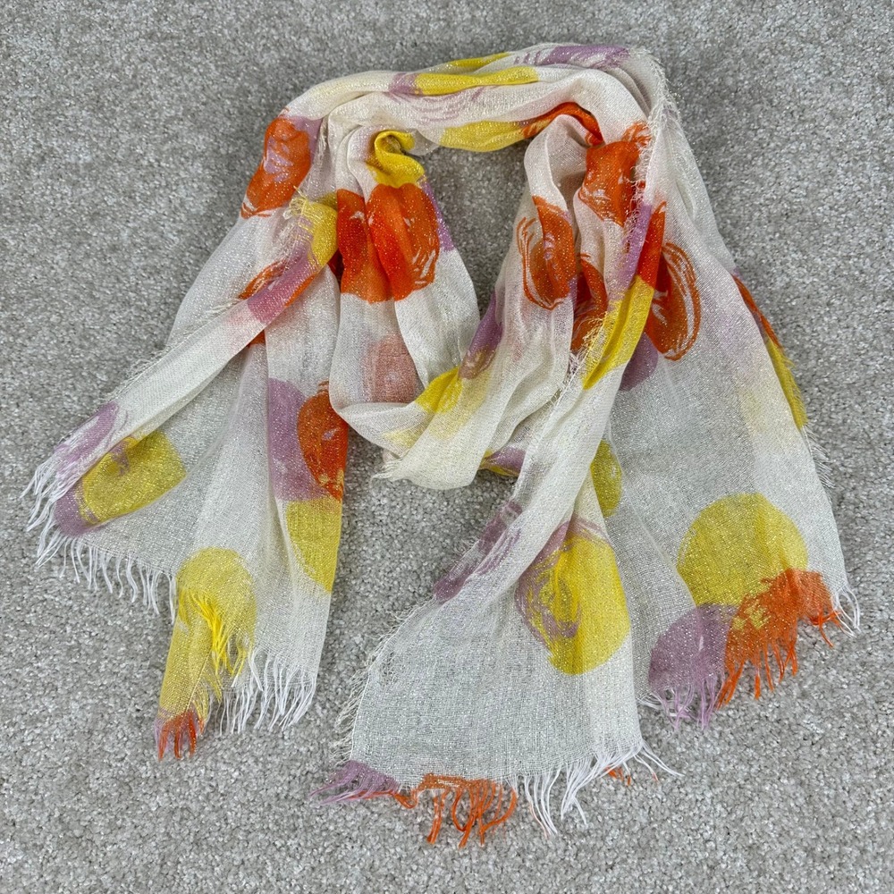 Abstract Polka Dot Metallic Lurex Scarf Fringed Gauze Orange Yellow Purple Boho